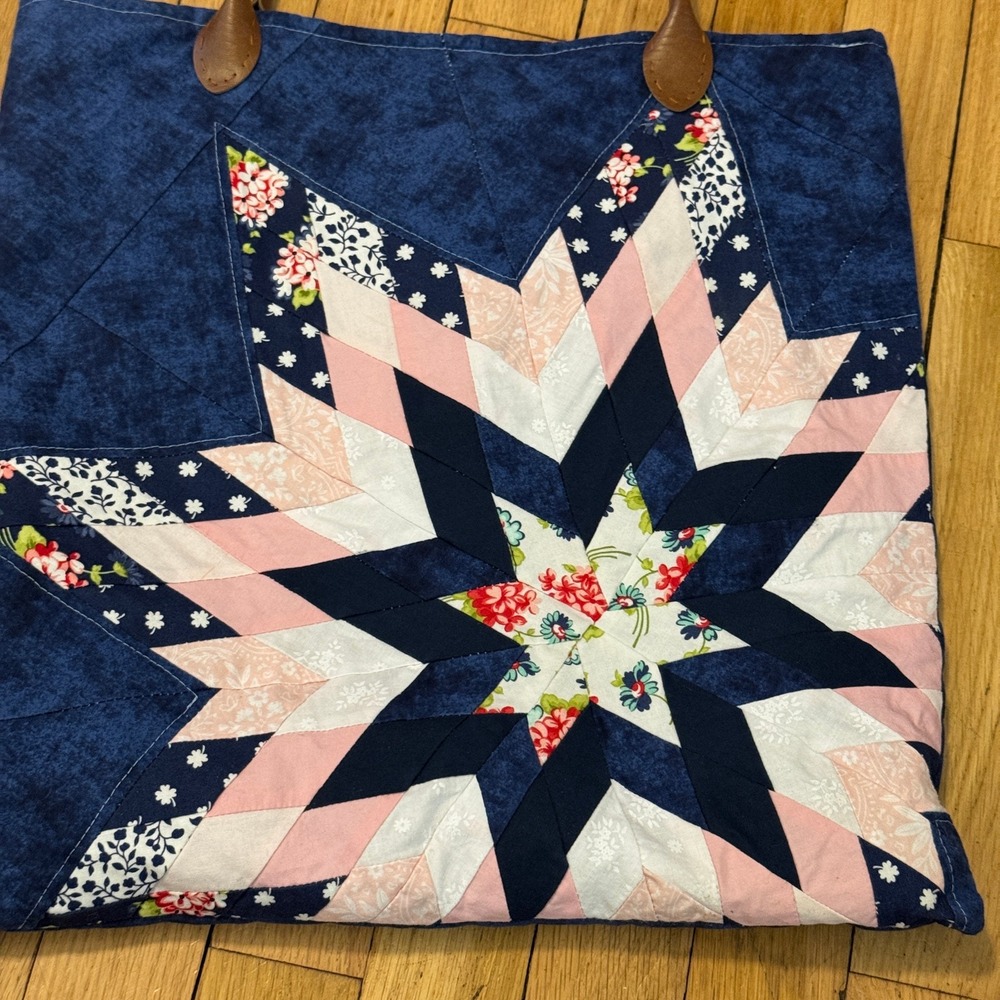 Handmade Quilted Tote Bag Navy Blue Starburst Floral Lining Faux Leather Straps - Picture 2 of 8